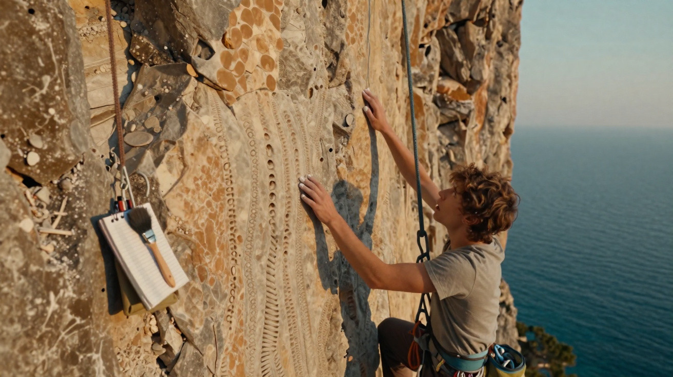 Junger Mann klettert an felsiger Klippe mit Kletterausrüstung und sieht aufs Meer hinaus.