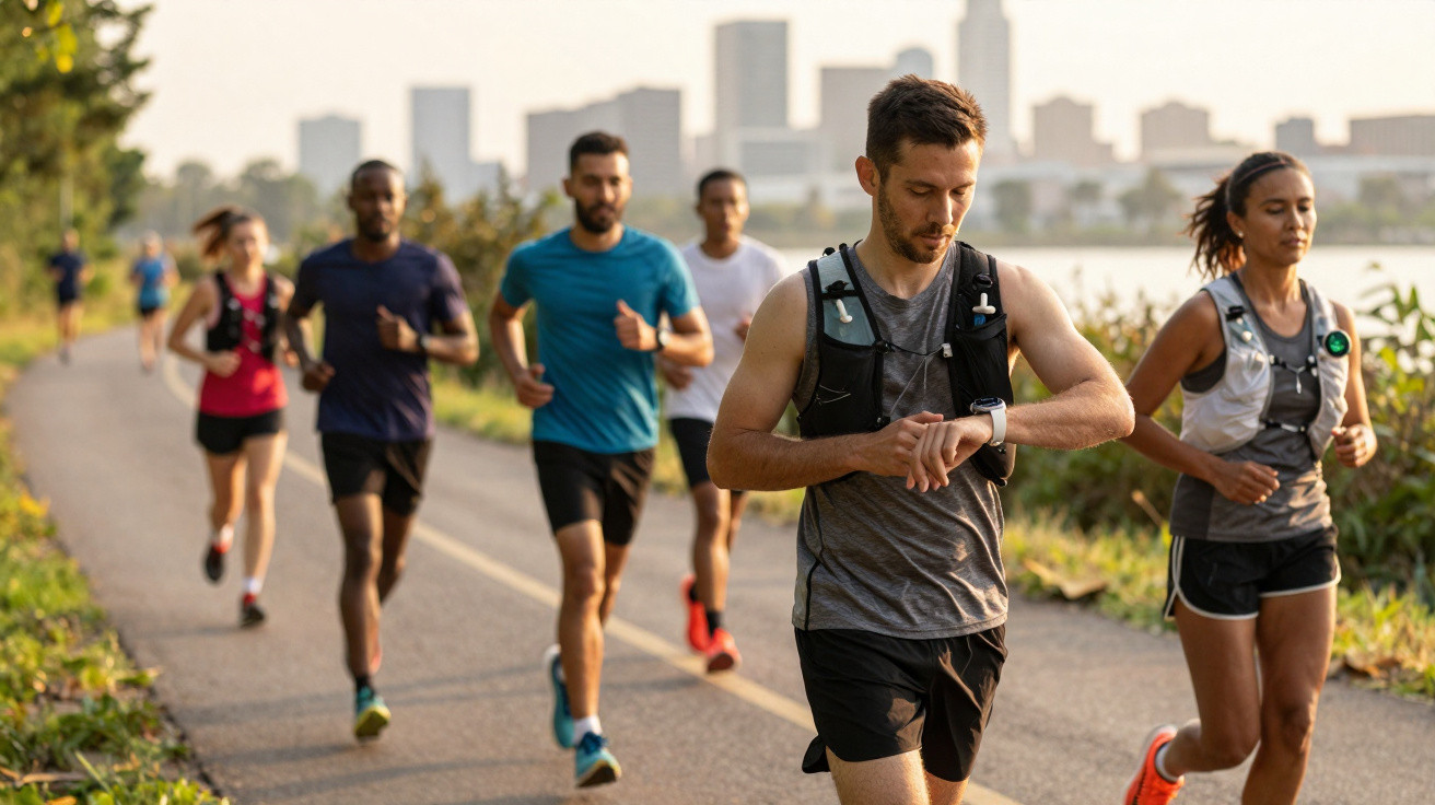 Gruppe von Läufern joggt auf einem Weg mit Stadt im Hintergrund bei Tageslicht.