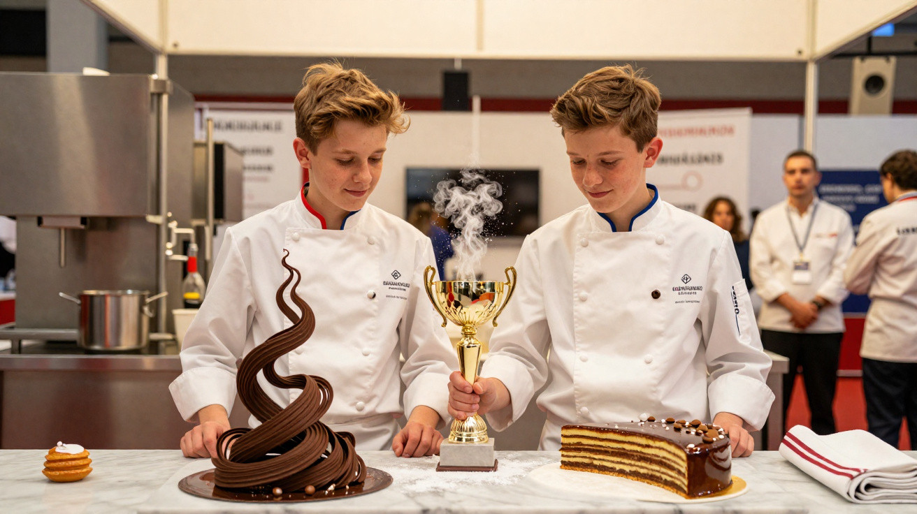Zwei jugendliche Konditoren in weißen Jacken präsentieren Pokal und kunstvolle Schokoladendesserts.
