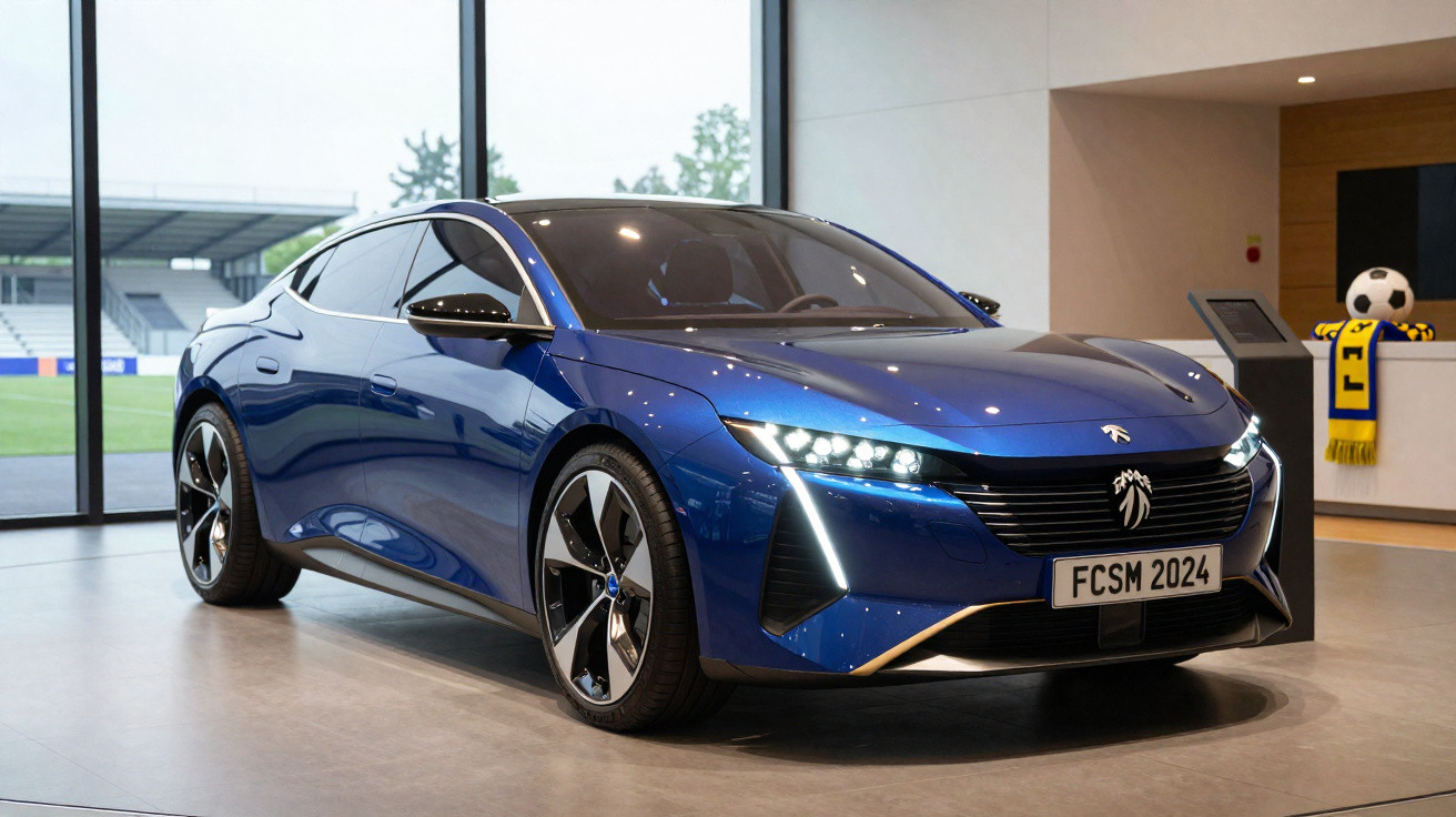 Blauer moderner Elektro-Limousine im Ausstellungsraum mit großer Fensterfront und Fußball-Deko im Hintergrund.