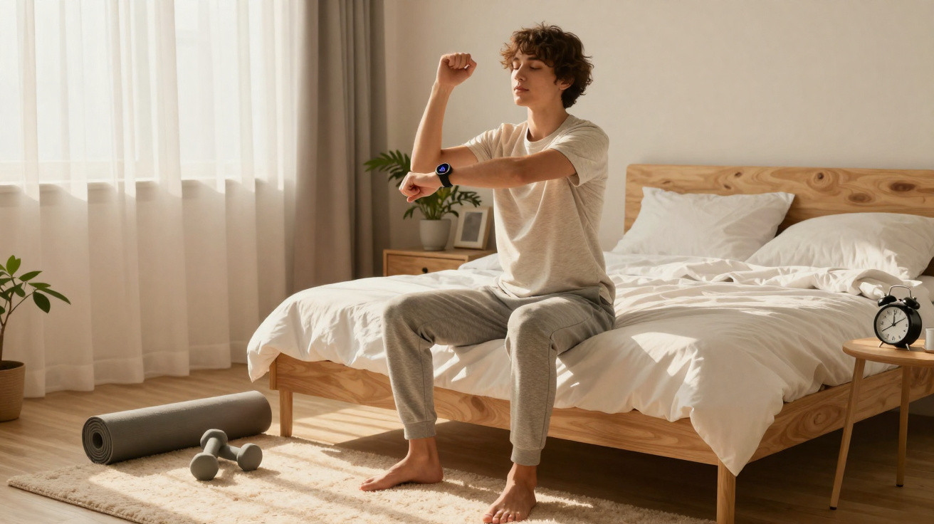 Junger Mann in Freizeitkleidung sitzt auf Bett und kontrolliert Smartwatch in hellem Schlafzimmer.