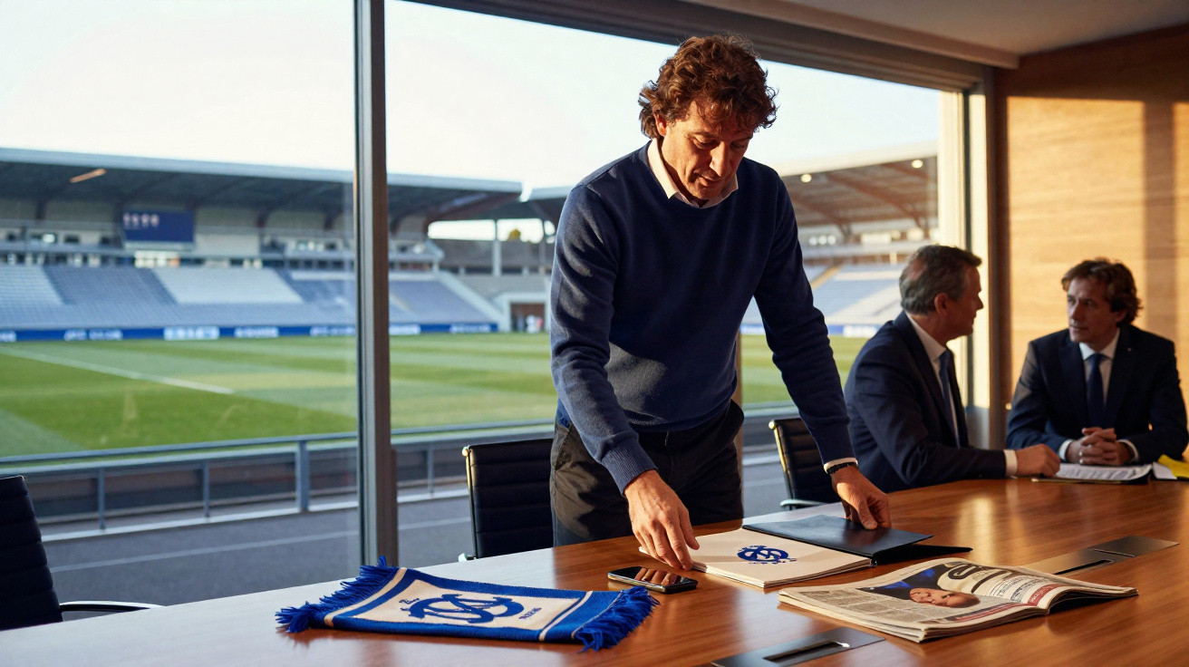 Mann mit blauem Pullover steht an Tisch mit Schal, Ordner und Magazin, im Hintergrund Stadion und zwei Männer im Anzug.