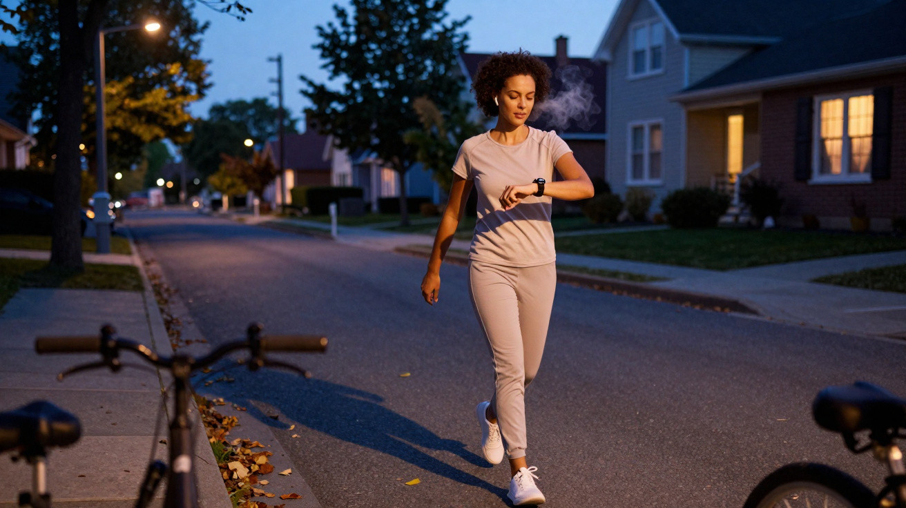 Frau joggt abends in Wohnstraße und schaut auf Smartwatch, Fahrräder stehen am Straßenrand.