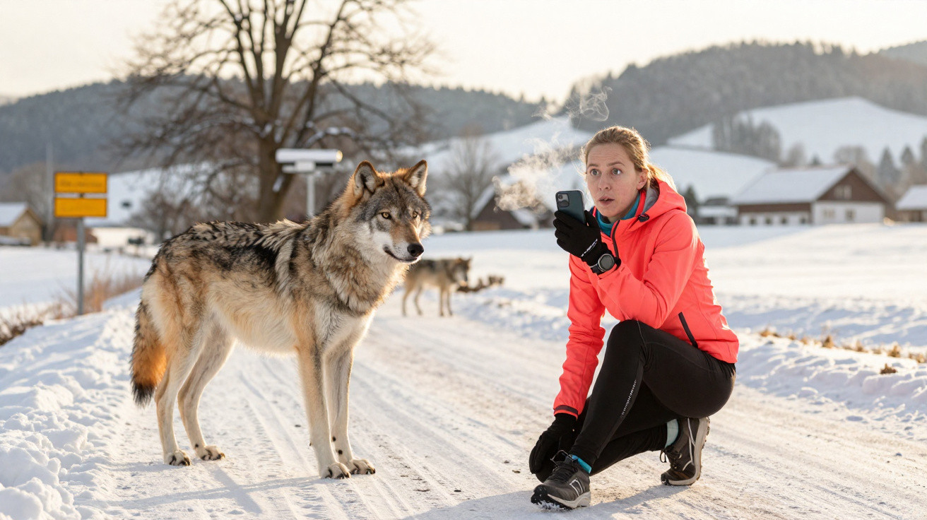 Frau in roter Jacke kniet im Schnee und fotografiert einen Wolf auf verschneitem Landweg mit Häusern im Hintergrund.