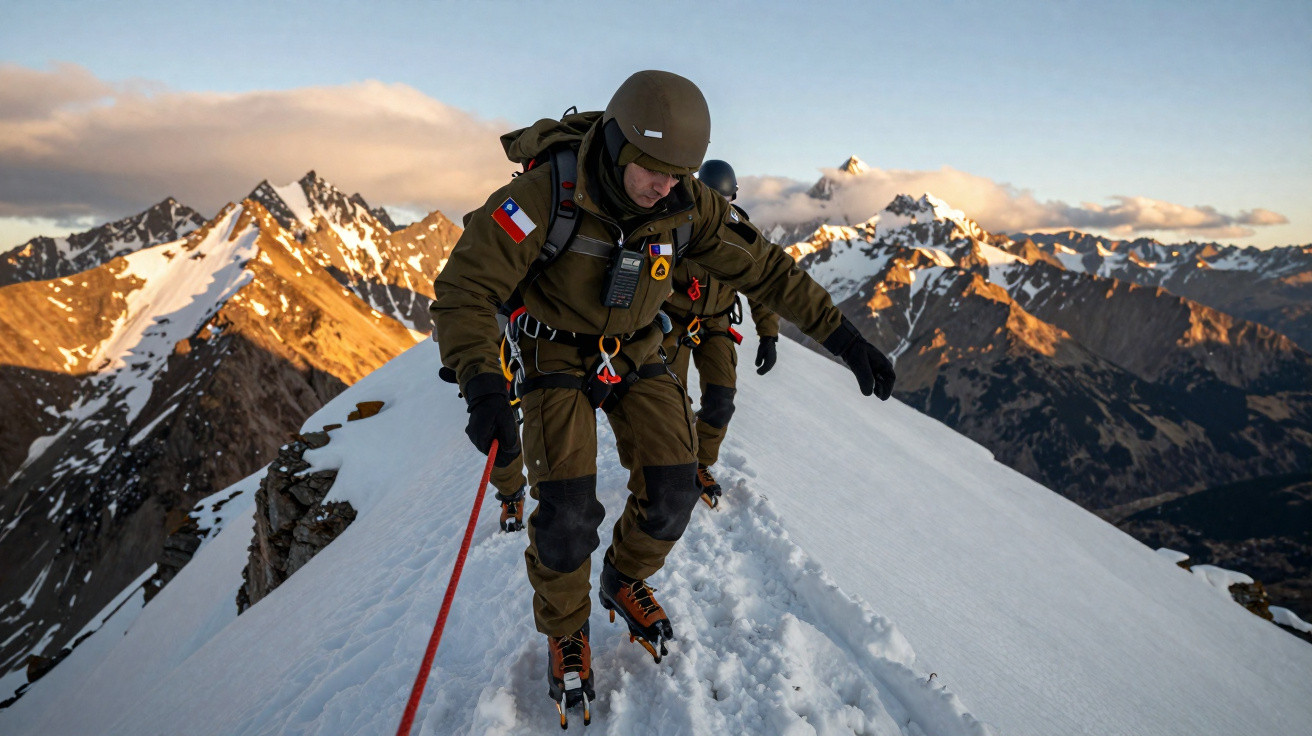 Soldaten in Bergsteiger-Ausrüstung steigen über schneebedeckten Grat mit Berglandschaft im Hintergrund.