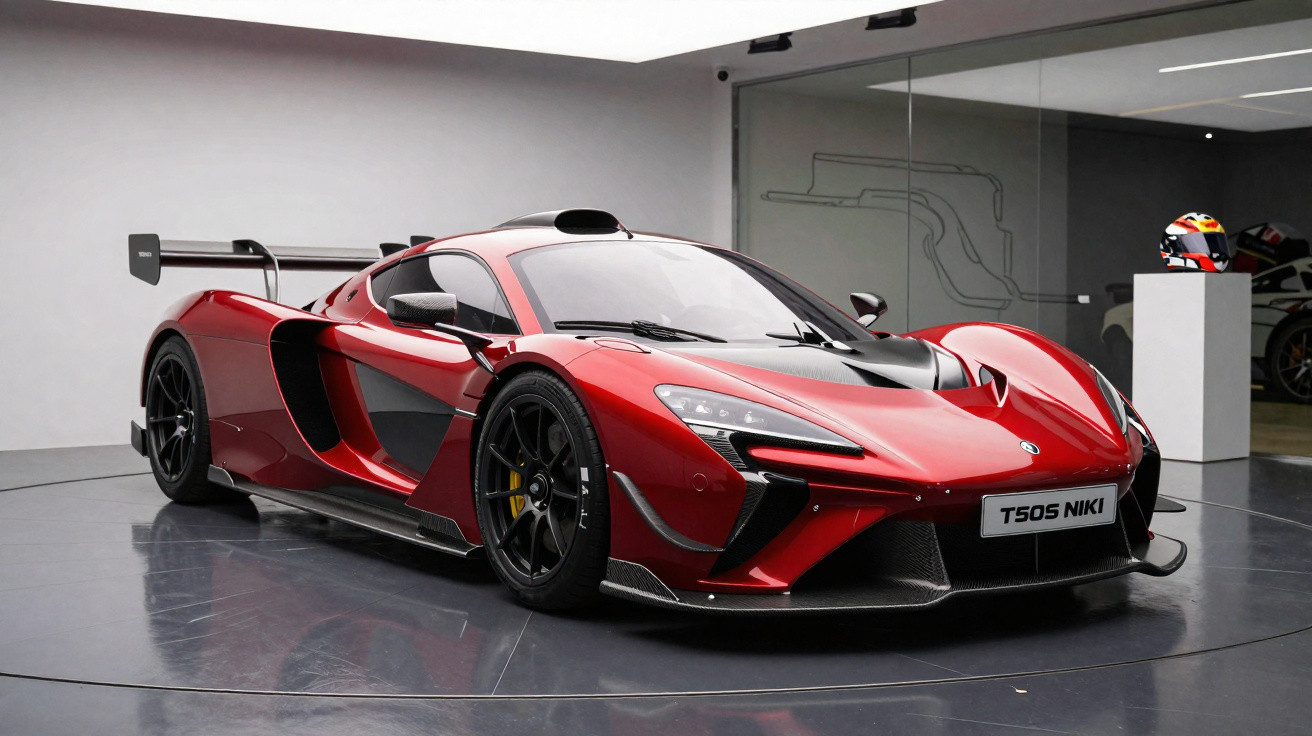Roter McLaren T50S Niki Supersportwagen in Ausstellung, modernes Design mit großem Heckflügel.