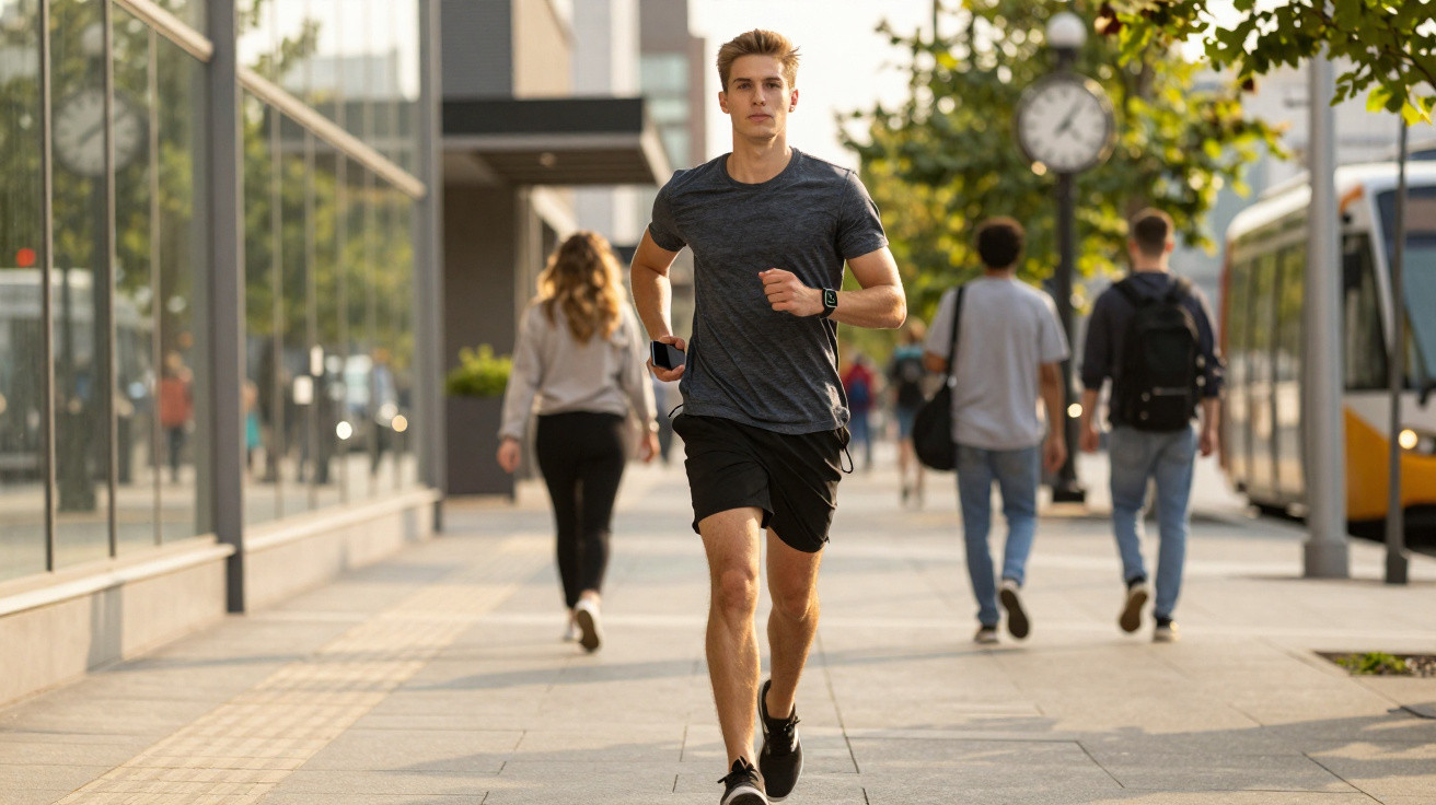 Junger Mann joggt in Sportkleidung auf Gehweg neben Stadtbus und Spaziergängern an sonnigem Tag.