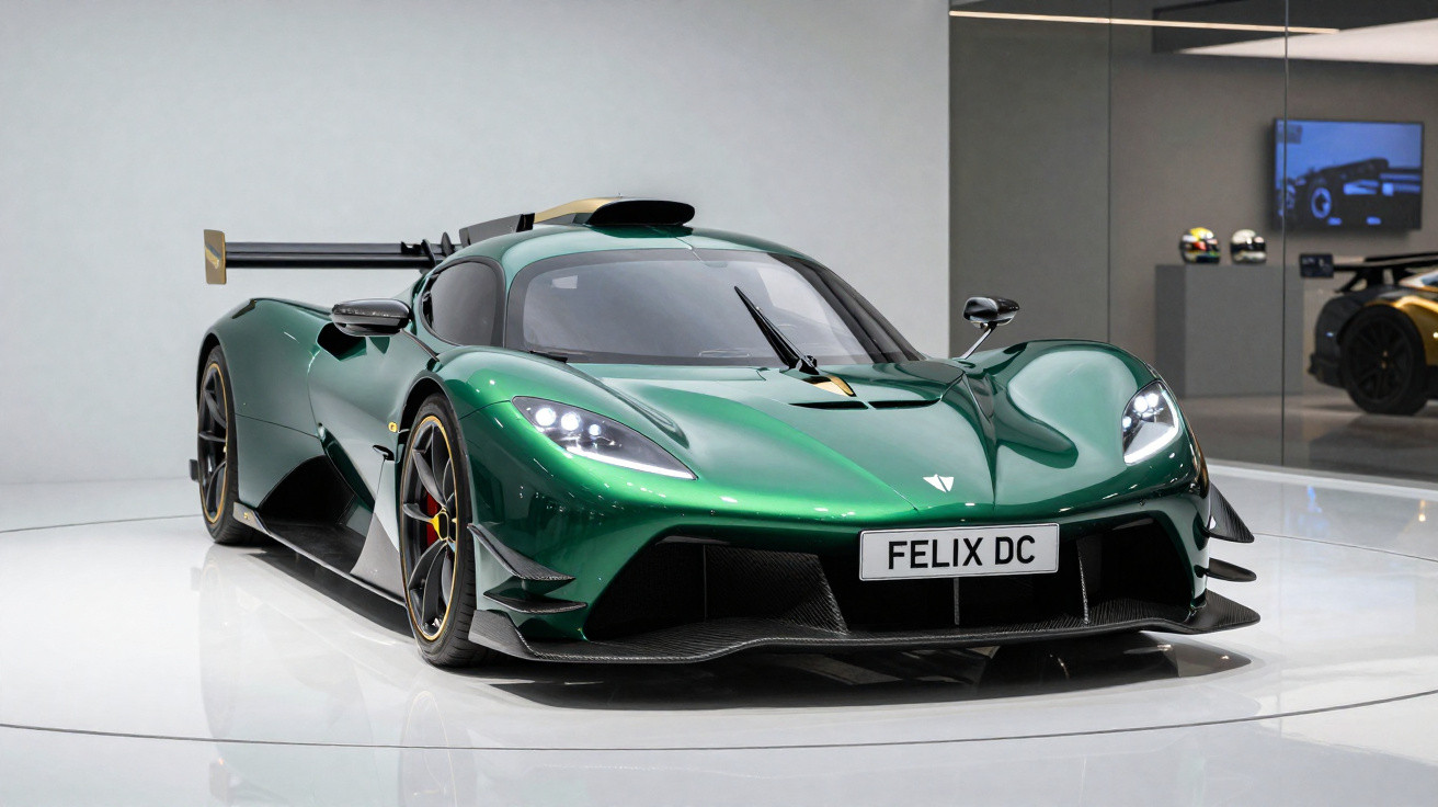 Grüner Felix DC Supersportwagen mit aerodynamischem Design in weißem Ausstellungsraum auf Drehteller.