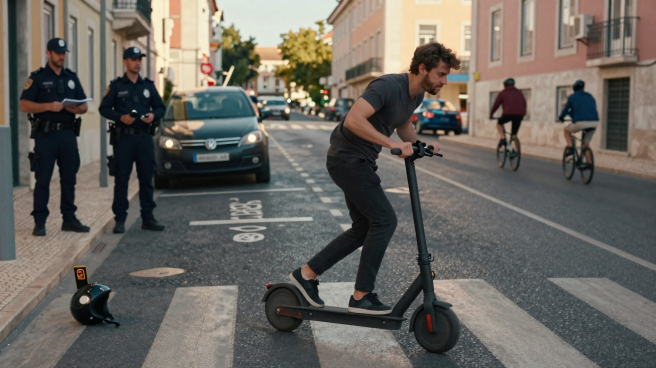 Mann fährt E-Scooter über Zebrastreifen, Polizisten beobachten, Radfahrer im Hintergrund auf Stadtstraße.