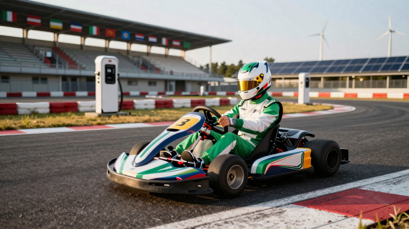 Person in grün-weißem Rennanzug fährt Kart auf Rennstrecke bei Sonnenschein.