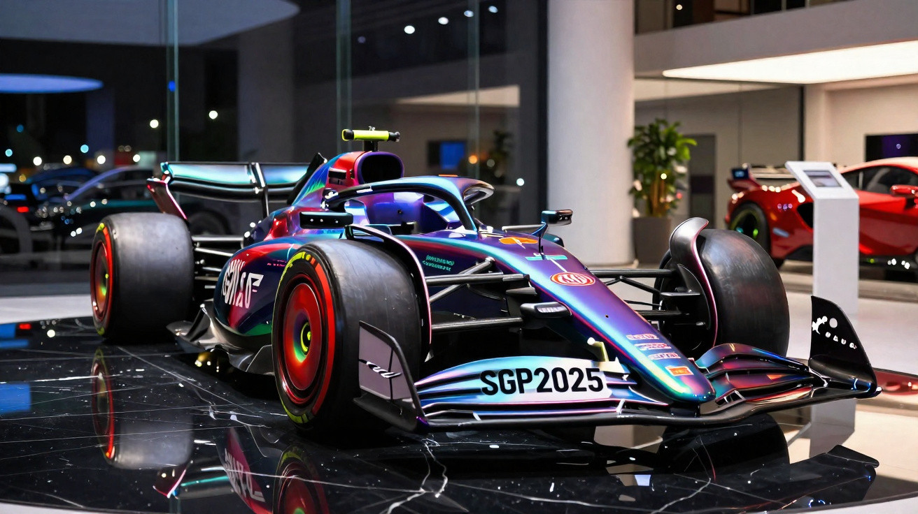 Formel-1-Rennwagen mit holografischem Lack und der Aufschrift SGP2025 in moderner Ausstellungsumgebung.