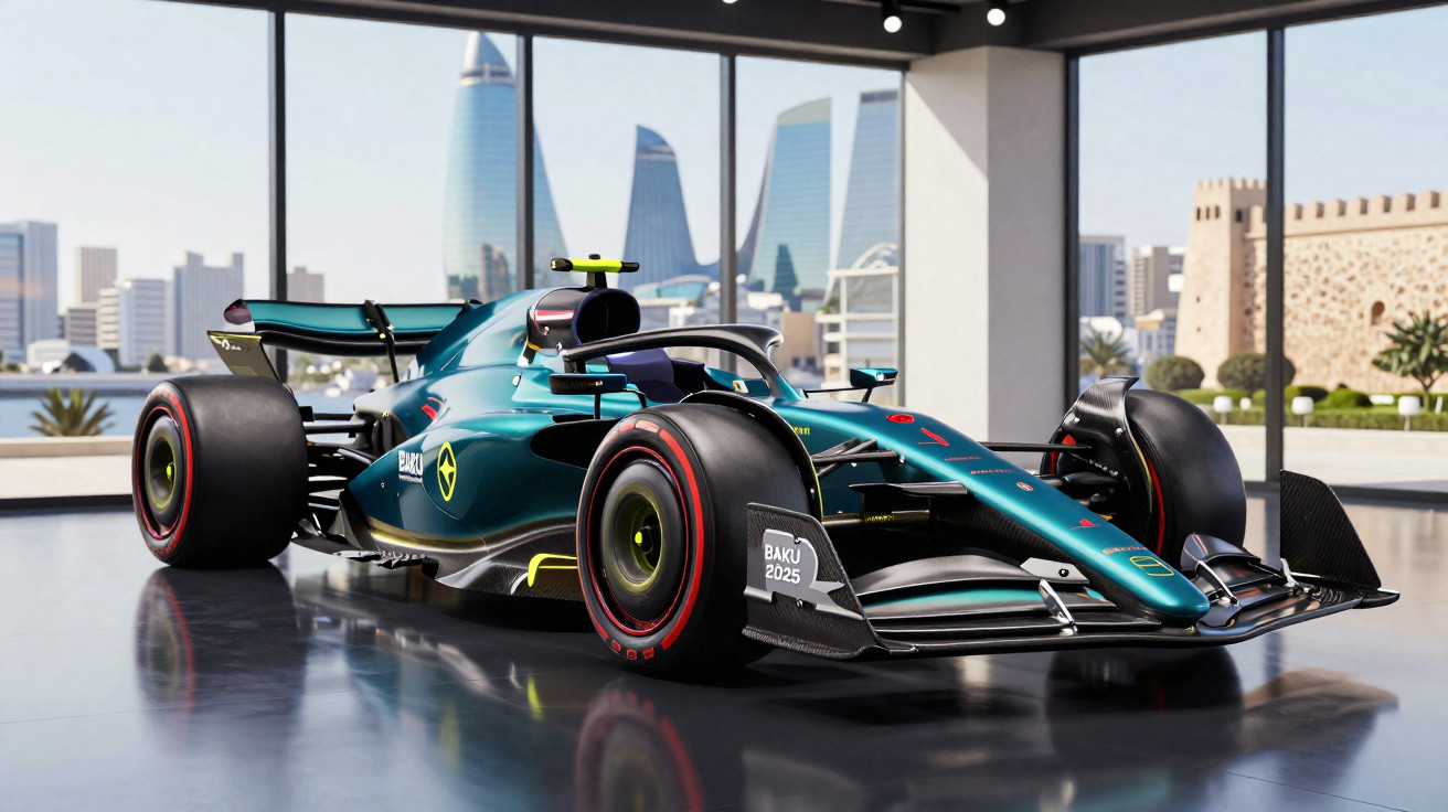 Formel-1-Rennwagen in grünem Design in moderner Ausstellungsfläche mit Blick auf die Skyline von Baku.