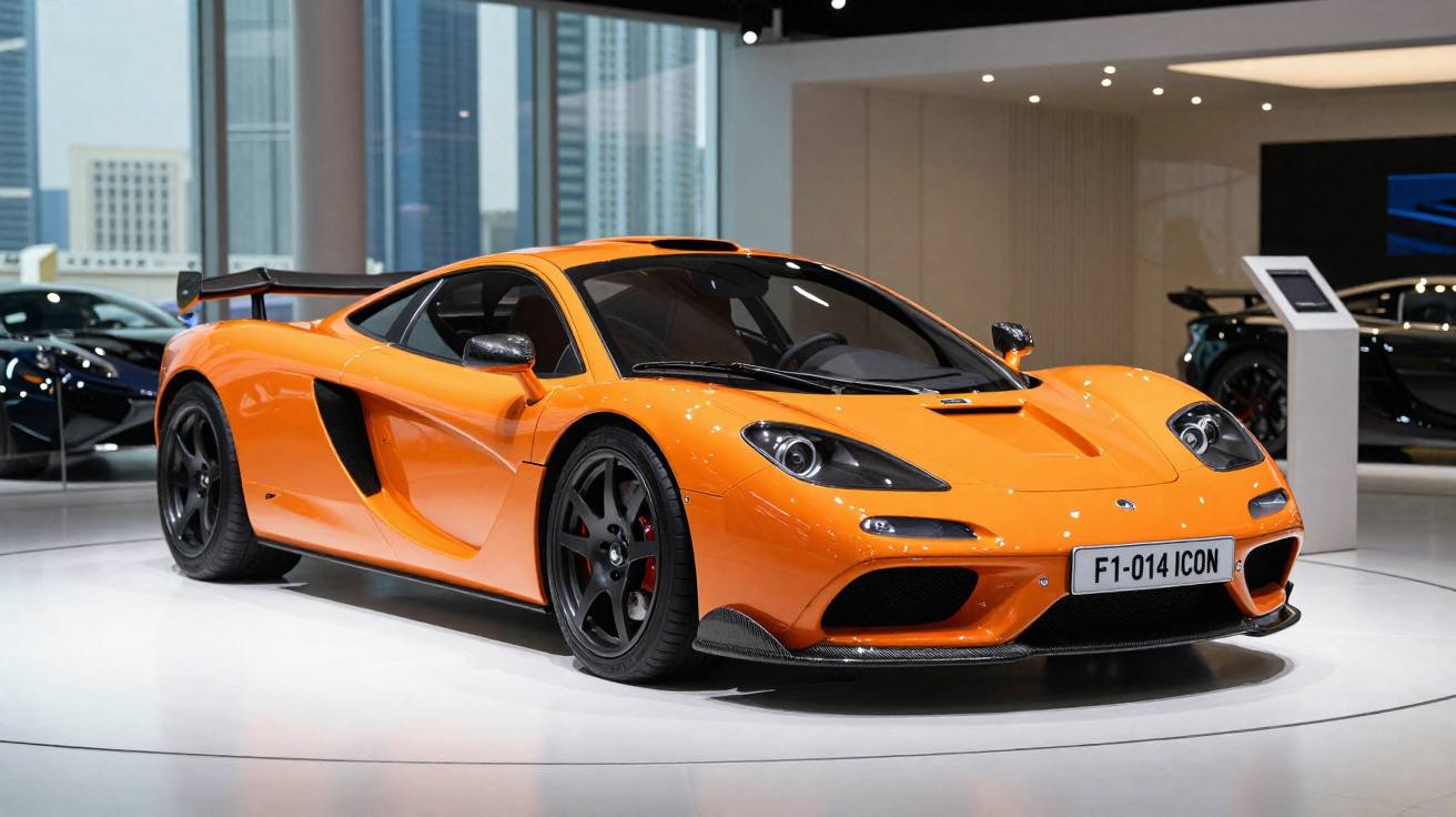 Oranger Sportwagen McLaren F1 in moderner Ausstellung mit umlaufender Beleuchtung.