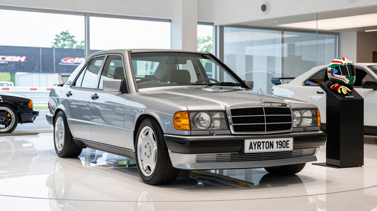 Silberner Mercedes-Benz 190E mit Stern auf der Haube in einem modernen Ausstellungsraum.