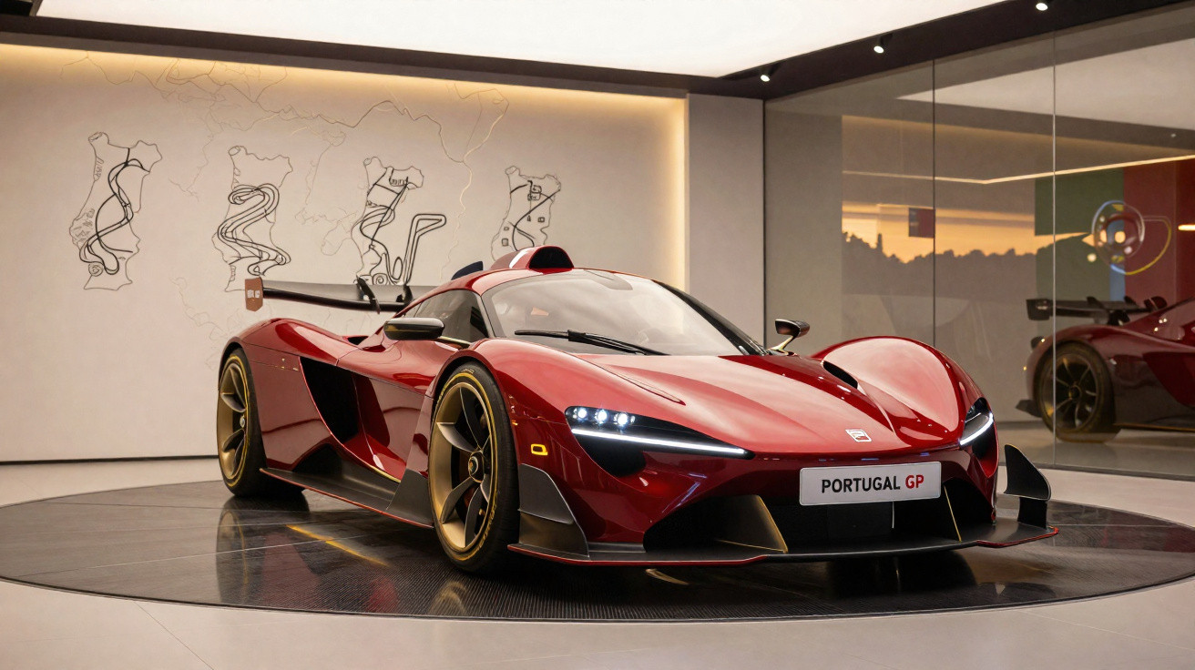 Roter Supersportwagen mit goldenen Felgen in modernem Ausstellungsraum mit Spiegelwand und Wandkunst.