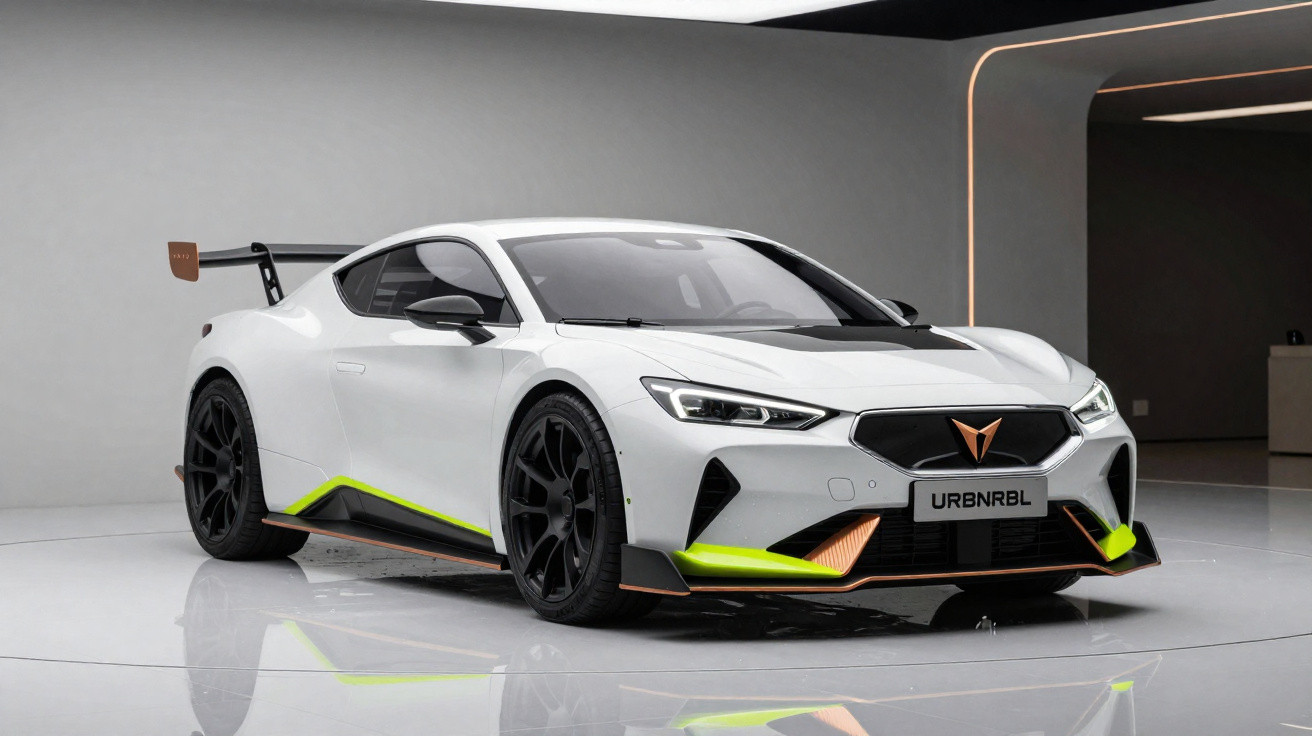Weißes Sportcoupé mit aerodynamischem Design, schwarzem Spoiler und leuchtend gelben Akzenten im Showroom.