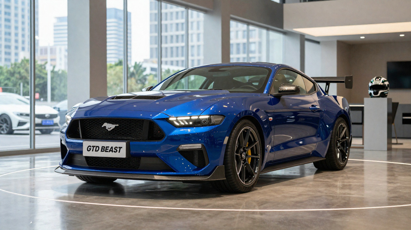 Blauer Ford Mustang GTD Beast Sportwagen in modernen Autohaus mit großem Fenster im Hintergrund.
