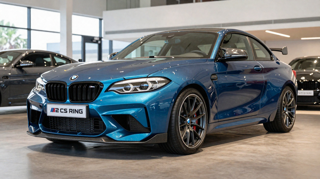 Blaues BMW M2 CS Coupé in einem modernen Autohaus mit hellem Innenlicht.