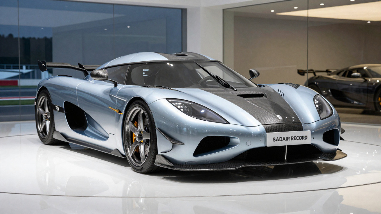 Silberner Supersportwagen mit Carbon-Elementen auf glattem, weißem Boden in modernem Ausstellungsraum.