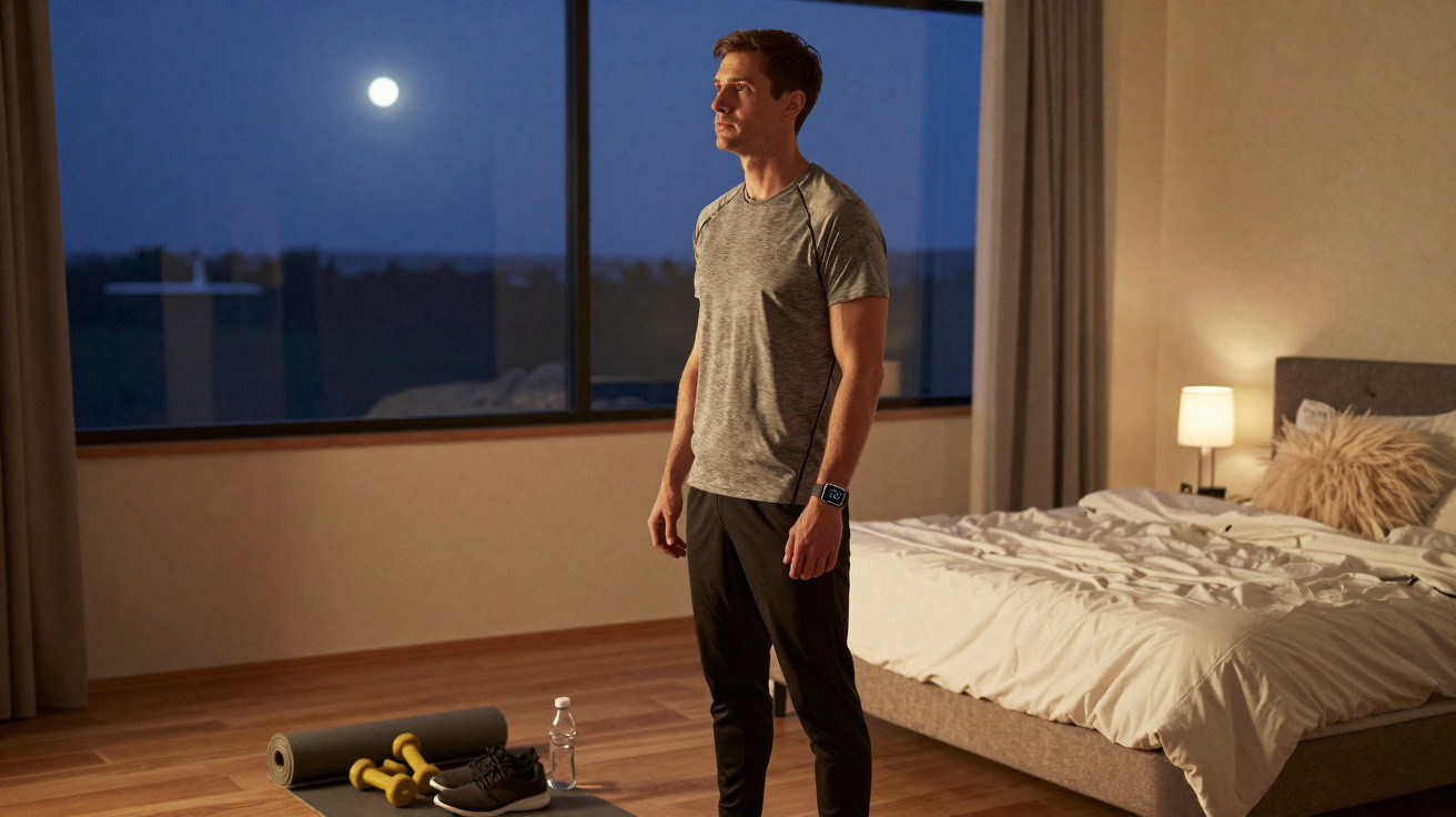 Mann in Sportkleidung steht nachts im Schlafzimmer vor Fenstern mit Vollmond, daneben Yoga-Matte und Hanteln.