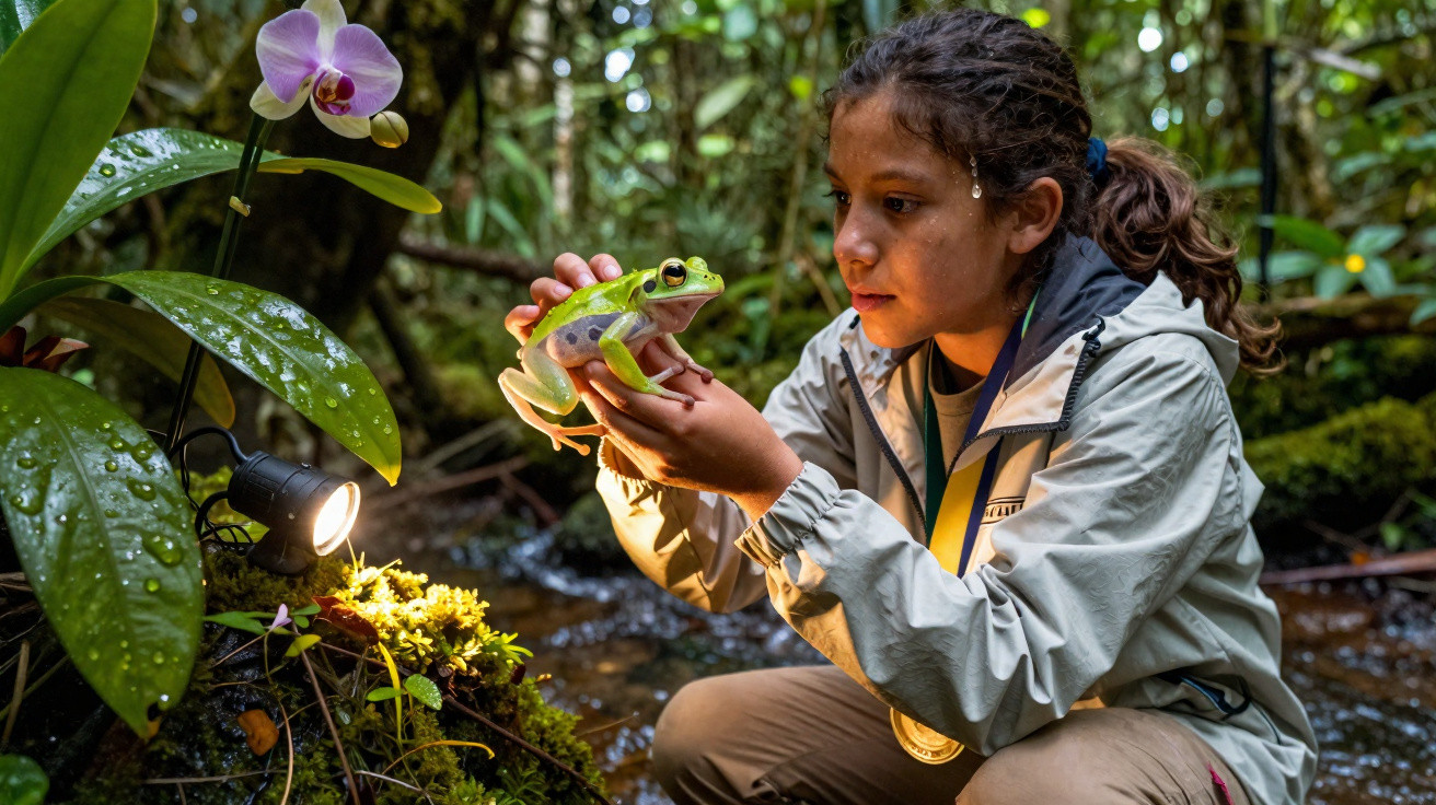 Jugendliche untersucht im Regenwald einen grünen Frosch nahe einer Orchideenblüte bei Tageslicht.