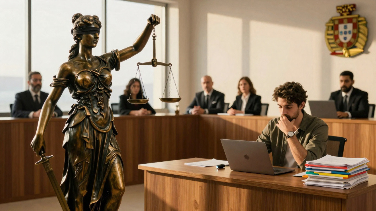 Justice-Statue im Vordergrund, junger Mann am Laptop und Jury im Hintergrund eines Gerichtssaals.