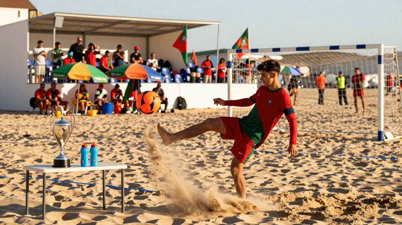 Junger Fußballspieler in rot-grün kickt Ball am Strand vor Zuschauertribüne und Pokal auf Tisch.