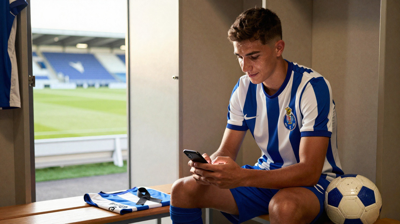 Junger Fußballspieler in blau-weiß gestreiftem Trikot sitzt in der Umkleide und schaut auf sein Handy.