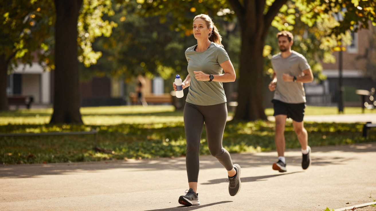 Frau mit Wasserflasche läuft im Park, Mann joggt hinter ihr, umgeben von Bäumen und Sonnenschein.