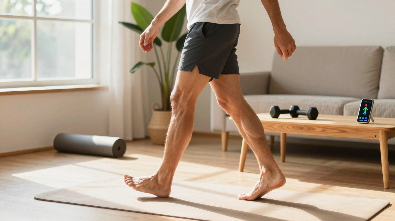 Mann geht barfuß auf Yogamatte im hellen Wohnzimmer mit Hantel und Smartphone auf Tisch.