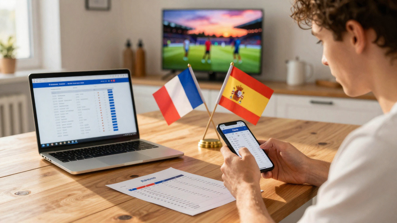 Person verfolgt Fußballstatistiken auf Smartphone und Laptop, mit Frankreich- und Spanienflaggen auf dem Tisch.