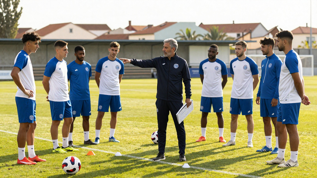 Fußballtrainer gibt seinem Team Anweisungen auf dem Trainingsplatz, Spieler stehen im Kreis um ihn herum.