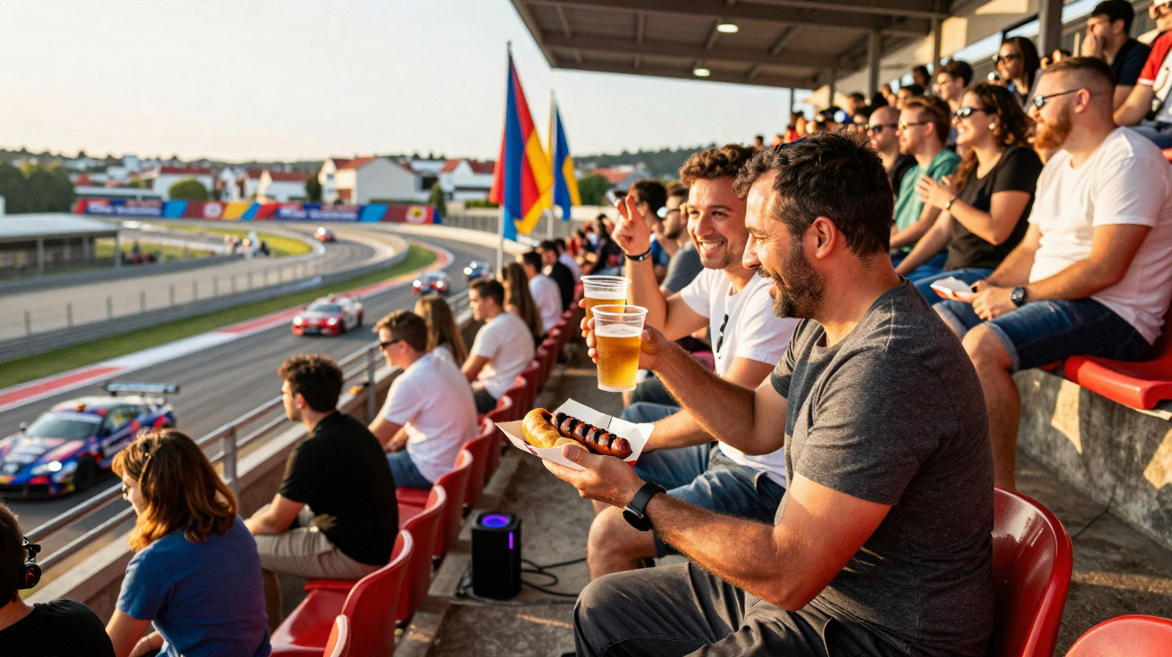 Zuschauer genießen ein Autorennen vom Tribünenplatz mit Bier und Bratwurst an einem sonnigen Tag.