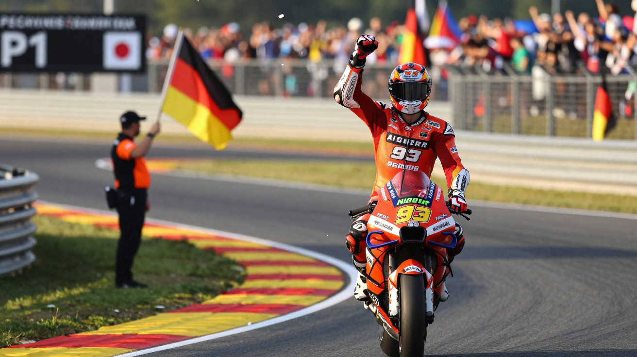 Motorradrennfahrer feiert mit erhobener Faust vor jubelnden Zuschauern auf Rennstrecke, deutsche Flagge im Hintergrund.
