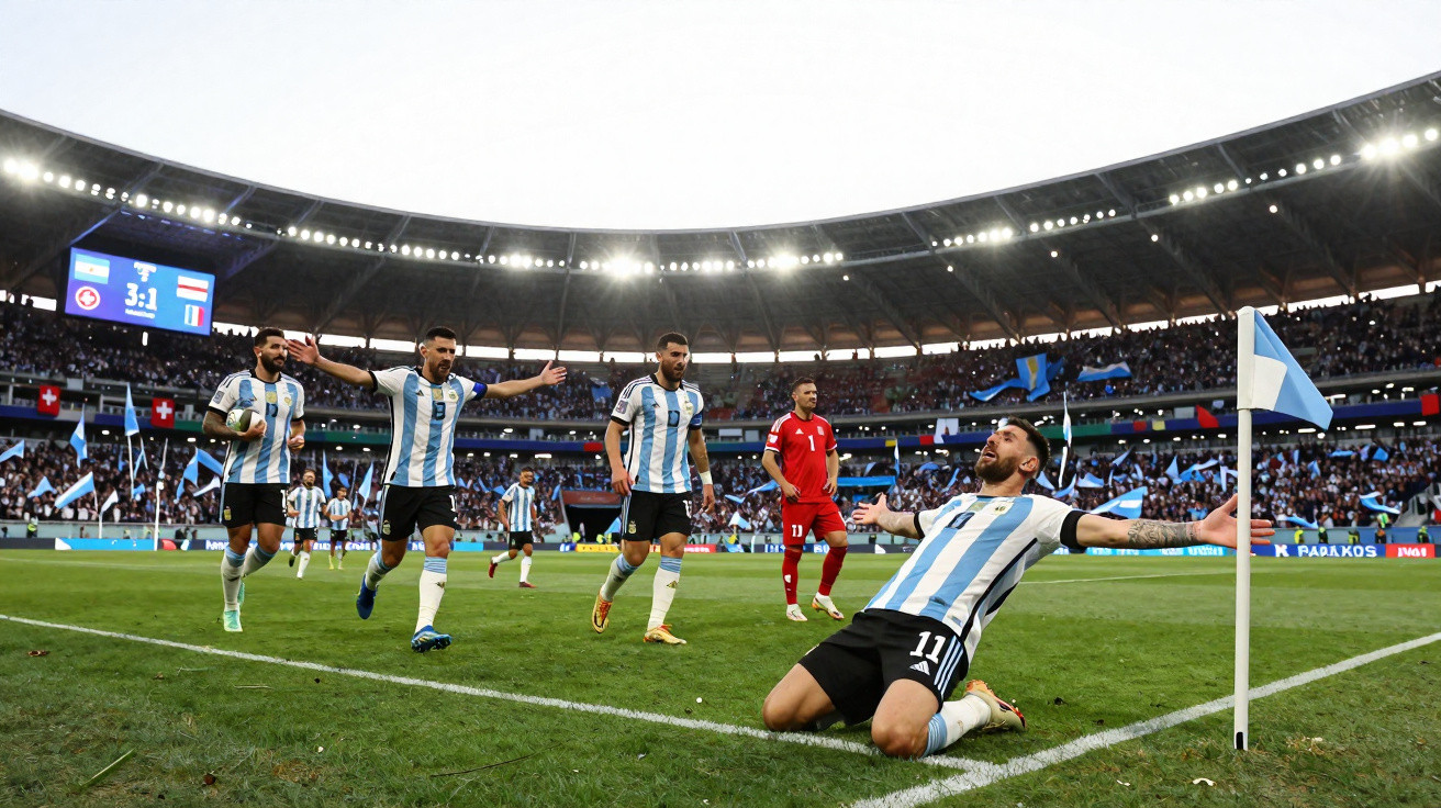 Argentinische Fußballspieler feiern ein Tor nahe der Eckfahne in einem vollen Stadion bei einem internationalen Spiel.