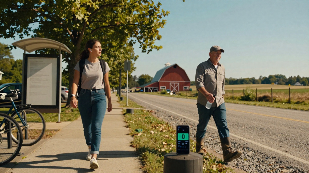 Frau und Mann gehen an einem sonnigen Tag auf einem Gehweg neben einer Landstraße mit einer Scheune im Hintergrund.