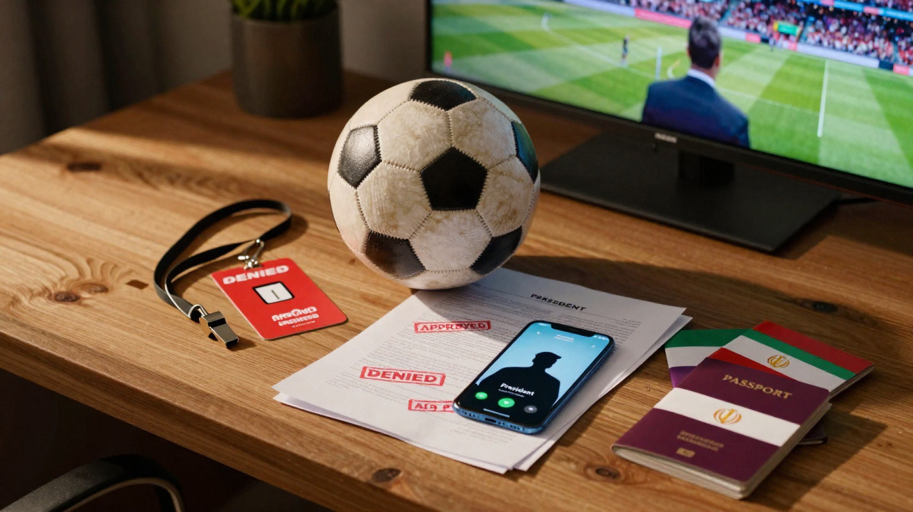 Fußball, Fernseher, Smartphone, Pässe und abgelehnte Dokumente auf einem Holztisch.