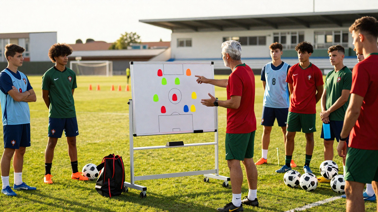Fußballtrainer erklärt Jugendlichen auf Spielfeld Taktik an Whiteboard mit bunten Markierungen.