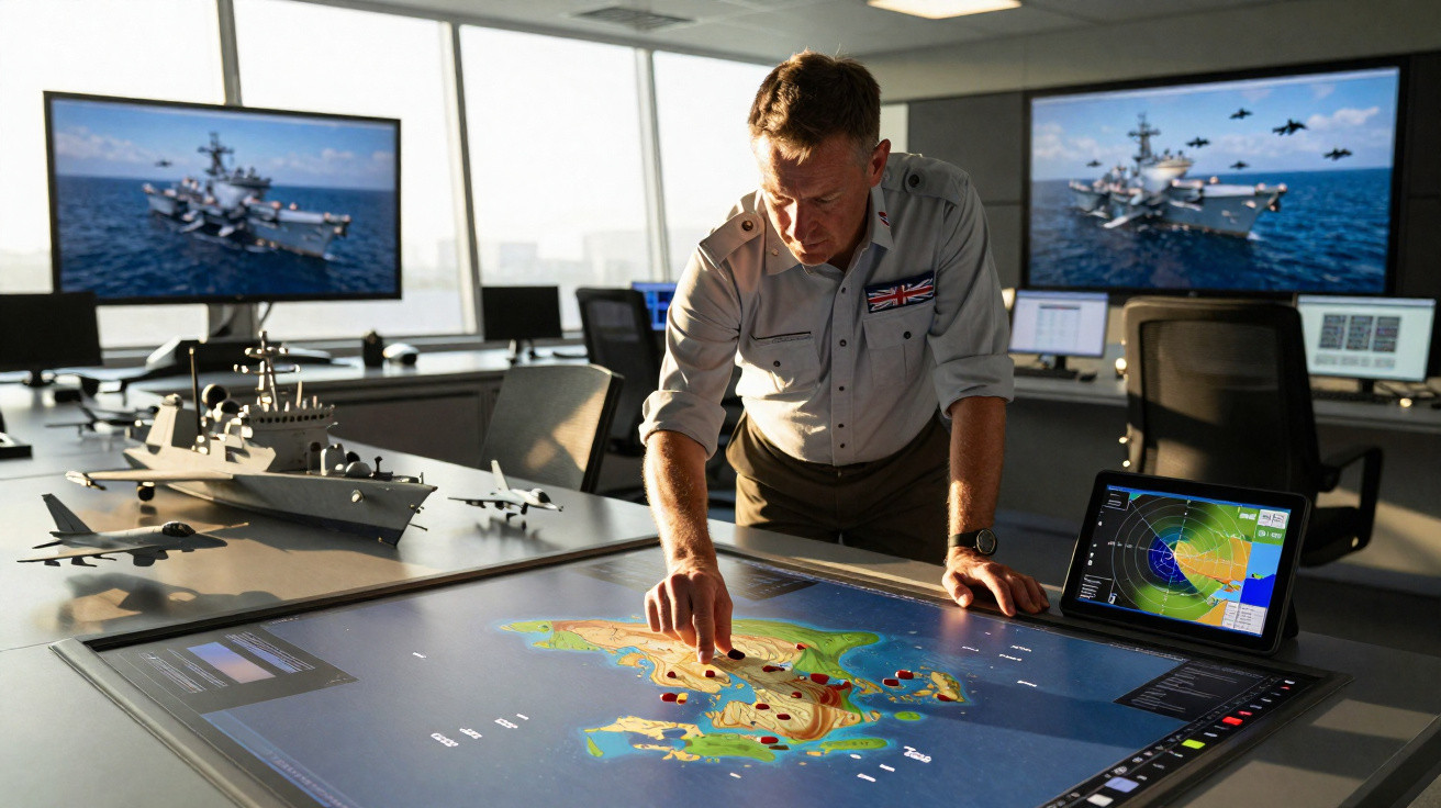 Marineoffizier untersucht Insel auf digitalem Kartentisch mit Schiffs- und Flugzeugmodellen im Kontrollraum.