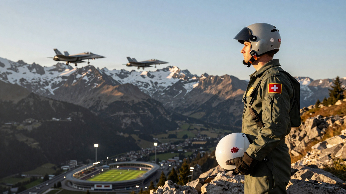 Schweizer Pilot in Uniform mit Helm in den Alpen, im Hintergrund zwei Kampfjets über einem Stadion im Tal.
