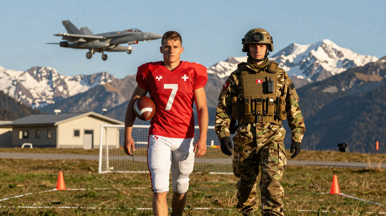 Ein Football-Spieler und ein Soldat in militärischer Ausrüstung vor einem fliegenden Kampfjet und Bergkulisse.