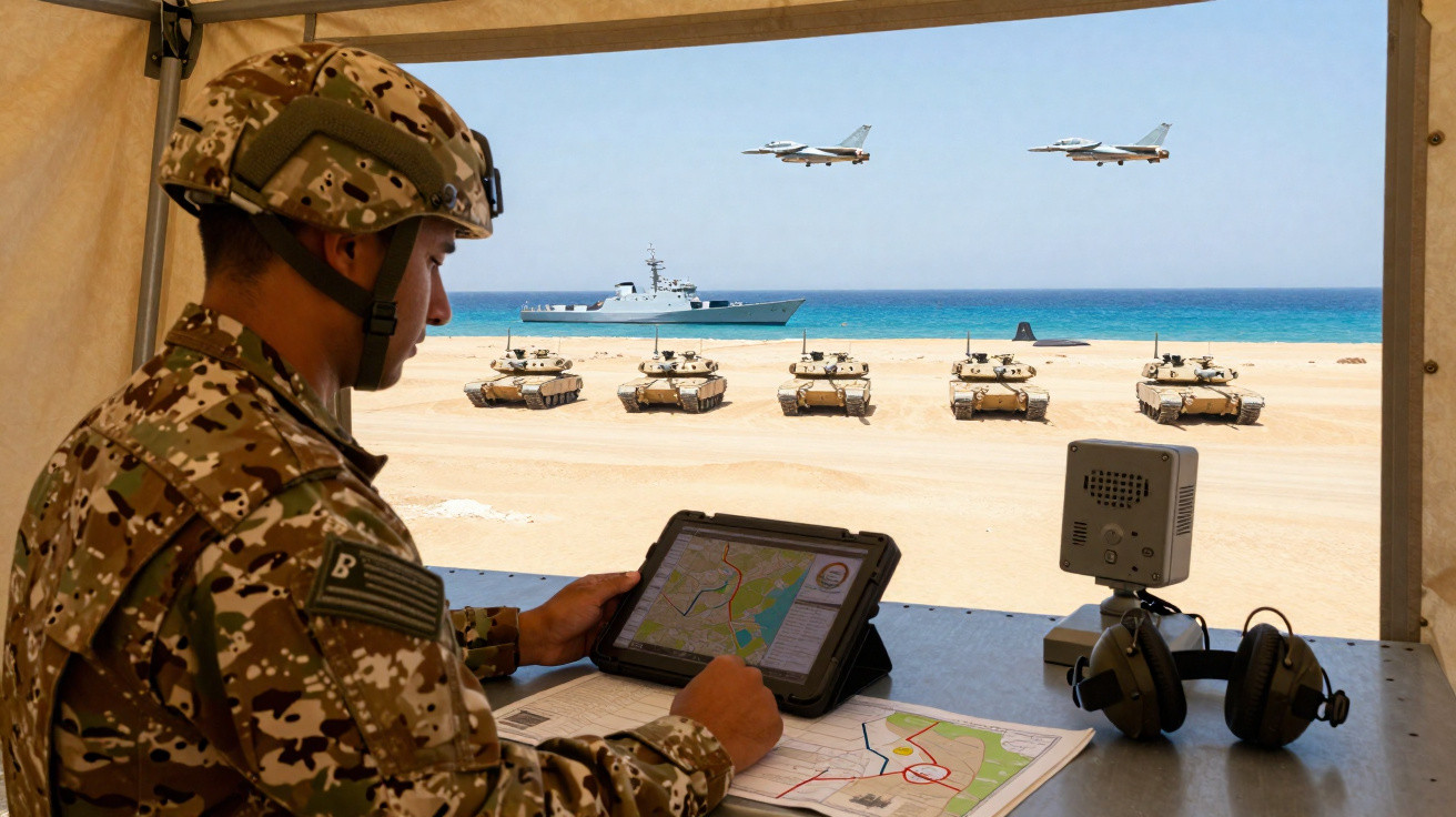 Soldat in Tarnuniform steuert Tablet, vor ihm Panzer, Kriegsschiff und zwei Flugzeuge über Wüste und Meer.