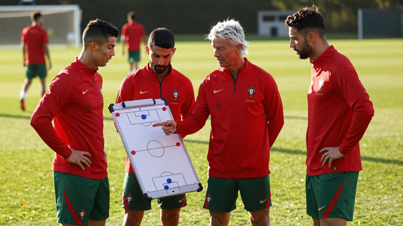 Portugal Fußballtrainer erklärt Taktik auf Magnettafel für Spieler im Training auf dem Spielfeld