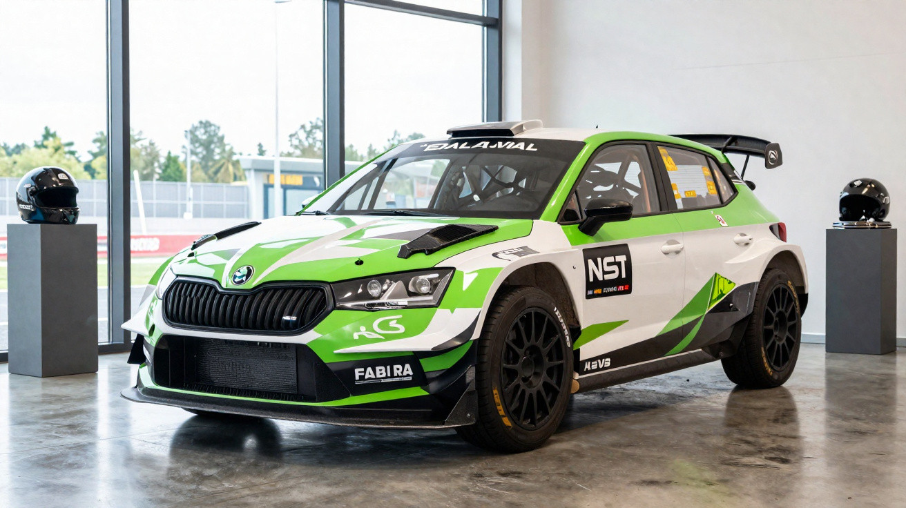 Grüner und weißer Skoda Rennwagen in einer Ausstellungshalle mit zwei schwarzen Helmen auf Podesten.