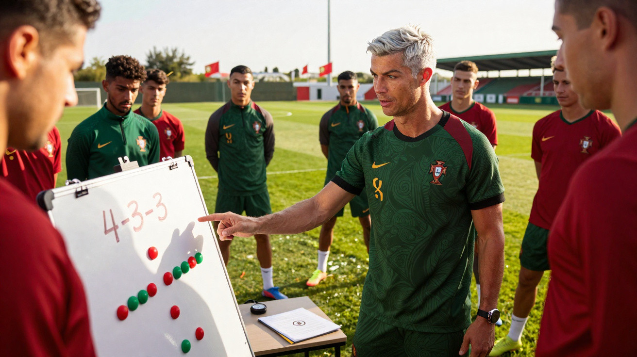Portugiesische Fußballspieler umringen Trainer mit Taktiktafel auf sonnigem Trainingsplatz.