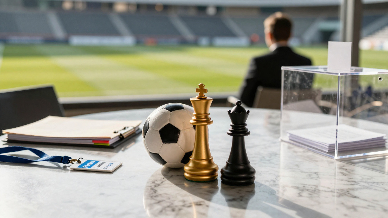 Fußball, zwei Schachfiguren und Wahlurne auf Tisch mit Rennbahn im Hintergrund.