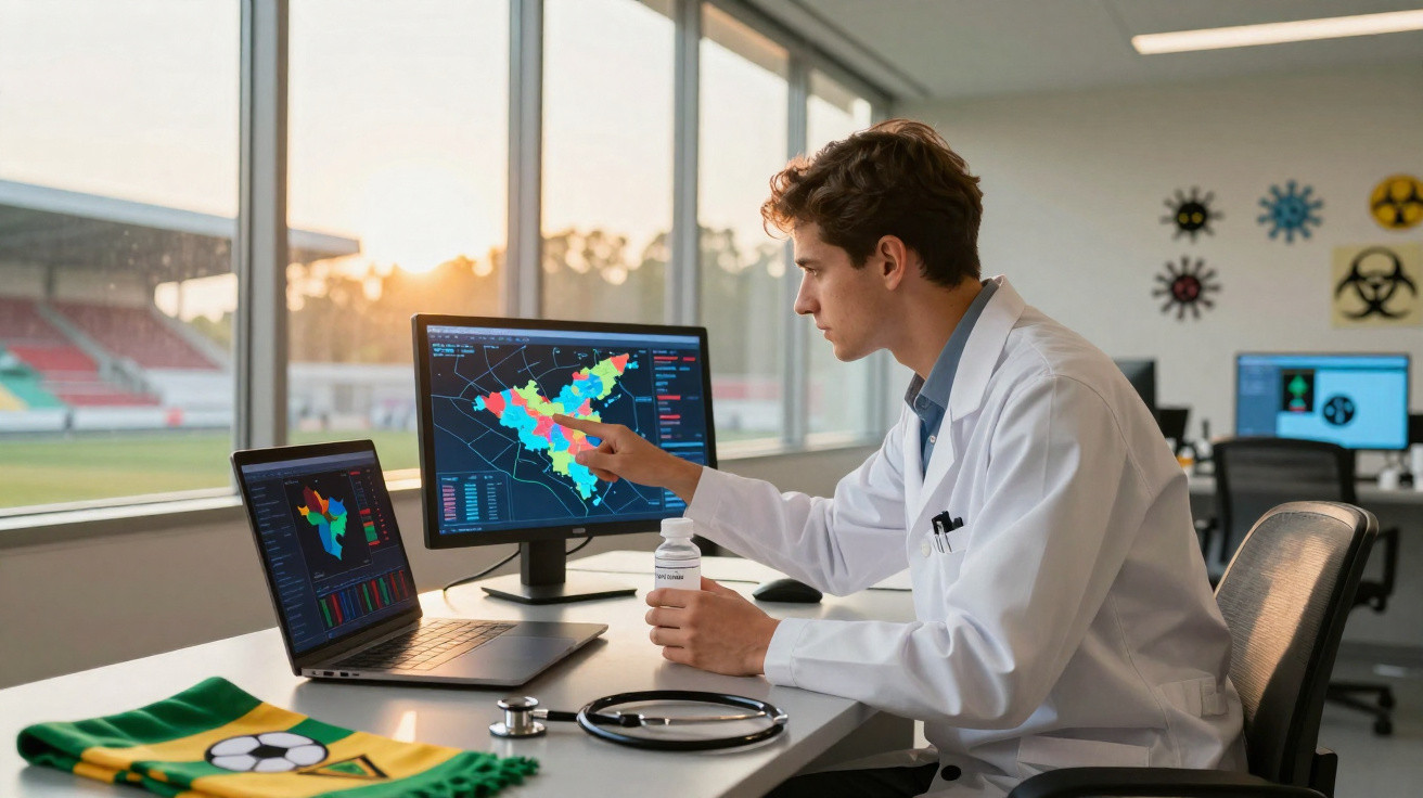 Mediziner analysiert bunte Karten mit Gesundheitsdaten an zwei Bildschirmen in einem modernen Büro.