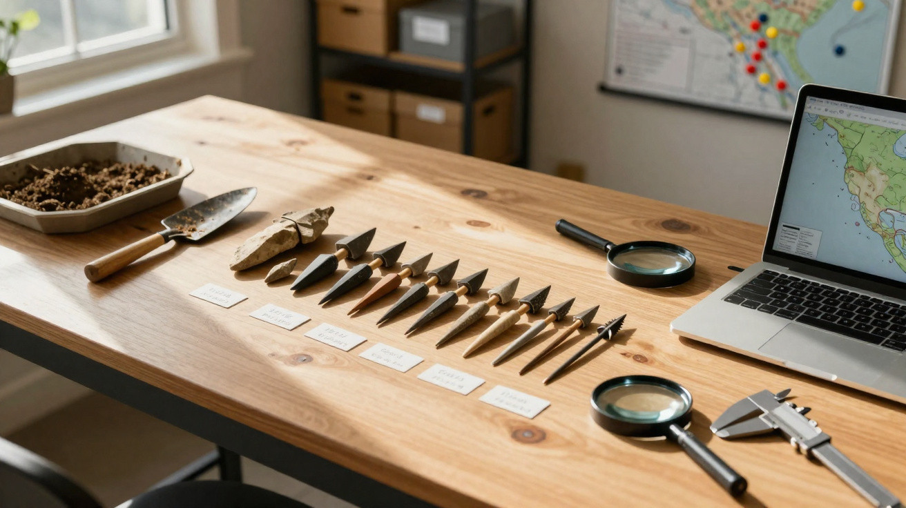 Archäologische Pfeilspitzen und Werkzeuge, Lupen und Laptop mit Landkarte auf hellem Holztisch.