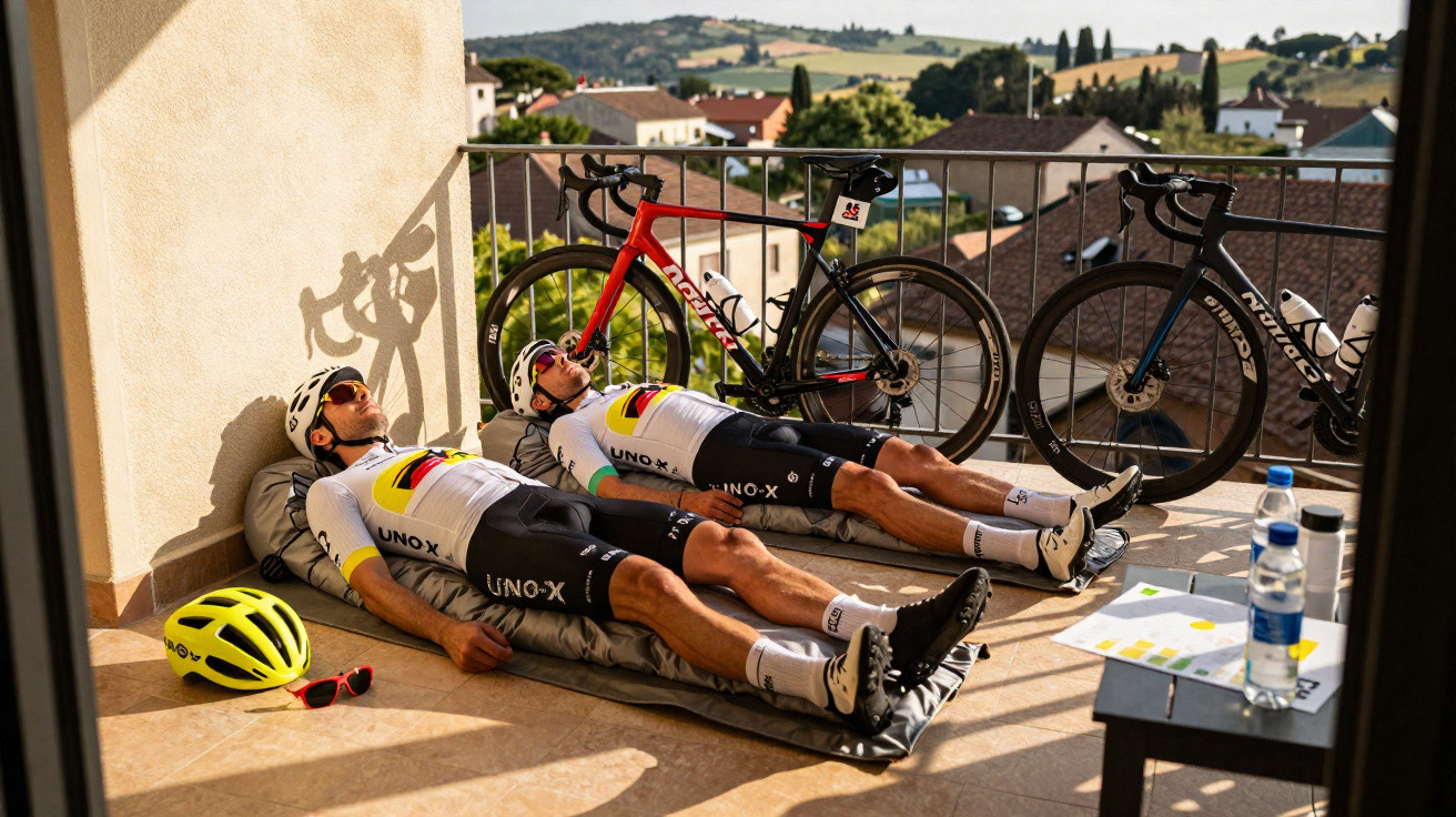 Zwei Radfahrer in Teamkleidung liegen auf einer Terrasse neben ihren Rennrädern und entspannen sich in der Sonne.