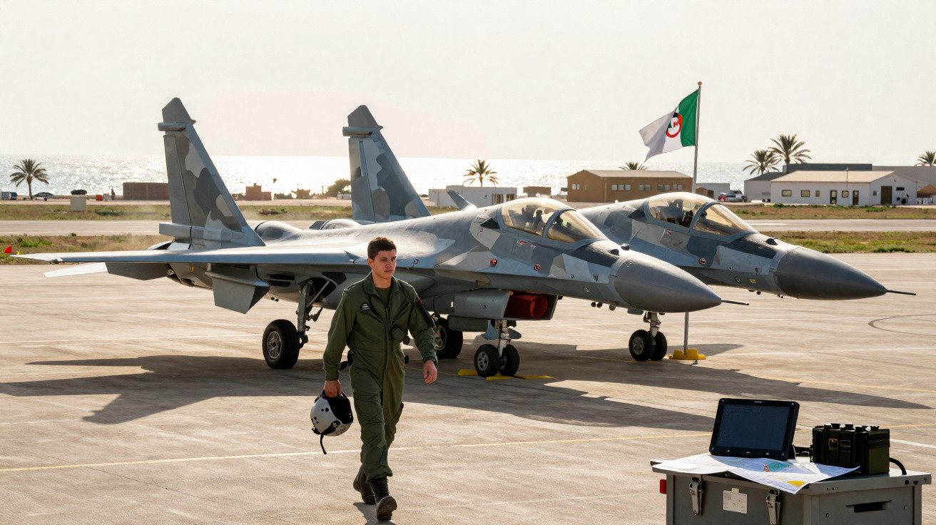Ein Pilot in Uniform mit Helm läuft vor zwei abgestellten Kampfjets auf einem Flughafen vor dem Meer.